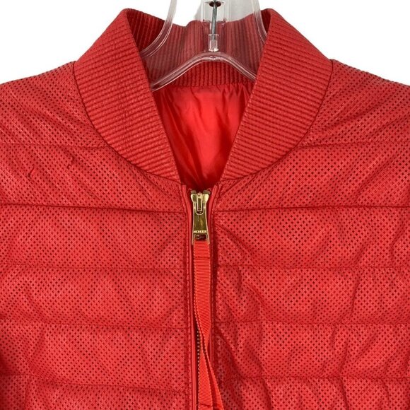 Rare MONCLER Coral Red Perforated Faux Leather Puffer Jacket Size Medium - Picture 3 of 13